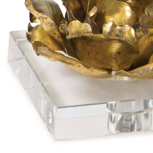 Load image into Gallery viewer, Gold accents add a modern touch to this exquisite art piece. Paired with a crystal base, the Adeline accessory exudes a dazzling aesthetic. For an extra touch of sophistication, simply insert a tapered candle into the center of the flower to bring light to your surroundings.