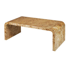 Load image into Gallery viewer, Crafted with old-world expertise, our Burl Waterfall Cocktail Table boasts a striking mid-century modern design. The elegant arc silhouette and exquisite book-matched matte burl veneer make it a unique centerpiece for a luxurious, high-style living space.