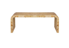 Load image into Gallery viewer, Crafted with old-world expertise, our Burl Waterfall Cocktail Table boasts a striking mid-century modern design. The elegant arc silhouette and exquisite book-matched matte burl veneer make it a unique centerpiece for a luxurious, high-style living space.