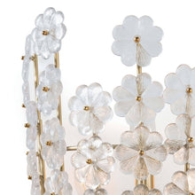 Load image into Gallery viewer, Crafted with precision and delicate attention to detail, the cast glass flowers on the Charlotte Sconce exude a stunning beauty that is truly breathtaking. Its elegant natural brass design makes it the perfect addition to any entryway, foyer, or dining room, adding a touch of feminine sophistication to any space.