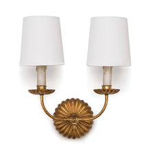 Load image into Gallery viewer, This Clove Double Sconce exudes a sense of updated opulence with its antique gold leaf finish on the ribbed backplate and bobeches. The modern shades are held by antique-inspired candles. Its versatile style makes it suitable for both modern and traditional interiors, making it an elegant addition to any hallway installation.
