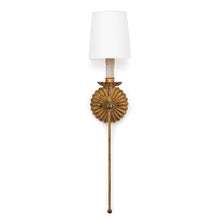 Load image into Gallery viewer, This sconce exudes a sense of opulence with its antique gold leaf finish on the backplate, bobeches, and elongated stem. The candle, reminiscent of antique designs, supports a modern shade. Whether in modern or traditional interiors, the Clove sconce will add a touch of elegance, making it perfect for flanking a fireplace in a living room.