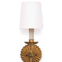 Load image into Gallery viewer, This sconce exudes a sense of opulence with its antique gold leaf finish on the backplate, bobeches, and elongated stem. The candle, reminiscent of antique designs, supports a modern shade. Whether in modern or traditional interiors, the Clove sconce will add a touch of elegance, making it perfect for flanking a fireplace in a living room.