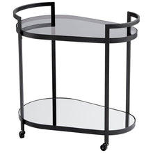 Load image into Gallery viewer, The Cosmo bar cart exudes a harmonious blend of contemporary and luxurious components. Its sleek design is inspired by geometry, featuring clean lines and oval surfaces. With a sturdy metal frame, this portable serving station boasts two levels of tempered glass. The caster lock wheels provide the perfect mobility for serving your guests on the move. Impress at your next gathering by offering your favorite drinks directly from the elegant Cosmo bar cart.