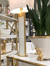 Load image into Gallery viewer, Featuring a glossy white finish and a sophisticated gold leaf accent alluding to Greek key motif, this Ellis Buffet Lamp is the perfect addition to elevate your home decor. With its timeless design, this buffet lamp is sure to impress and stand the test of time.