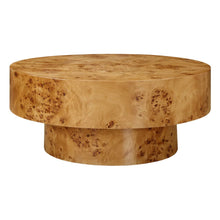 Load image into Gallery viewer, Burl is highly valued for its distinct grain pattern and complex designs. The Honey Burl coffee table is adorned with poplar burl veneer, adding a natural and inviting touch to any space. Its honey tone is gently enhanced with a satin finish, creating a warm and appealing aesthetic.
