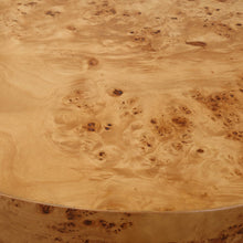 Load image into Gallery viewer, Burl is highly valued for its distinct grain pattern and complex designs. The Honey Burl coffee table is adorned with poplar burl veneer, adding a natural and inviting touch to any space. Its honey tone is gently enhanced with a satin finish, creating a warm and appealing aesthetic.