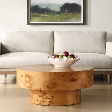 Load image into Gallery viewer, Burl is highly valued for its distinct grain pattern and complex designs. The Honey Burl coffee table is adorned with poplar burl veneer, adding a natural and inviting touch to any space. Its honey tone is gently enhanced with a satin finish, creating a warm and appealing aesthetic.