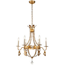 Load image into Gallery viewer, This exquisite petite chandelier features stunning hand-beaded details, candleabra bulbs, and an antique gold finish. With a dimmable light and graceful design, it is topped off with a regal touch, evocative of a crown. It's perfect for adding elegance to any room, with ornate hand-beaded accents and a shimmering antique gold finish. Enjoy the soft, adjustable lighting while appreciating the refined design.