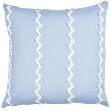 Load image into Gallery viewer, Experience the unique three-dimensional stripe of Lazare in ivory-on-chambray with this pillow. Using a knife edge finish and sewing the grosgrain ribbon into zigzag bands, this pillow adds a sophisticated touch to any space. Crafted from linen-blend ground fabric, Lazare is the perfect addition to your home decor.