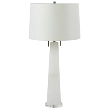 Load image into Gallery viewer, The Margaret Table Lamp is the ideal choice for those seeking a versatile and elegant addition to their living space. Made from natural alabaster, its smooth and translucent surface adds a timeless touch, while the gold metal accents bring a sense of luxury. Standing tall at 31 inches, this lamp is perfect for adding a sophisticated glow to any room, with its two bulbs providing ample light. Its classic quatrefoil design complements a variety of styles, making it a popular and stylish choice for those looki