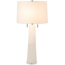 Load image into Gallery viewer, The Margaret Table Lamp is the ideal choice for those seeking a versatile and elegant addition to their living space. Made from natural alabaster, its smooth and translucent surface adds a timeless touch, while the gold metal accents bring a sense of luxury. Standing tall at 31 inches, this lamp is perfect for adding a sophisticated glow to any room, with its two bulbs providing ample light. Its classic quatrefoil design complements a variety of styles, making it a popular and stylish choice for those looki