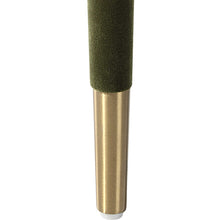 Load image into Gallery viewer, Close-up of leg of armless side or dining chair in Moss Green velvet with slender brass-capped ferrules.