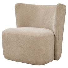 Load image into Gallery viewer, The Outlook swivel chair's unique wrap around back features inverse angles that support your body while its hidden swivel base allows for easy movement. Upholstered in a finely textured, cleanable polyester fabric in neutral sand, this chair is the perfect blend of style and practicality.