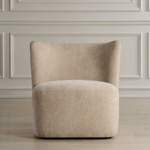 Load image into Gallery viewer, The Outlook swivel chair's unique wrap around back features inverse angles that support your body while its hidden swivel base allows for easy movement. Upholstered in a finely textured, cleanable polyester fabric in neutral sand, this chair is the perfect blend of style and practicality.