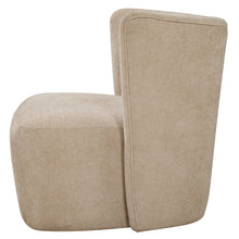 Load image into Gallery viewer, The Outlook swivel chair's unique wrap around back features inverse angles that support your body while its hidden swivel base allows for easy movement. Upholstered in a finely textured, cleanable polyester fabric in neutral sand, this chair is the perfect blend of style and practicality.