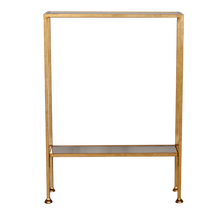 Load image into Gallery viewer, Expertly crafted and stylish, our rectangular accent table adds a touch of glamour to any room. Its elegant, two-tier iron frame is finished with luxurious gold leaf and complements the inset antique mirror top and shelf. A perfect option for compact spaces or as a companion to your sofa or loveseat.