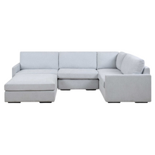 Load image into Gallery viewer, A modern silhouette that offers style and a comfortable place to curl up. The Refuge modular collection is crafted with premium, high durability foam cores and synthetic down wrap. Featuring the patented RidgEraser technology to ensure consistent comfort between cushions. Upholstered in a finely textured, cleanable polyester in light cloud blue.