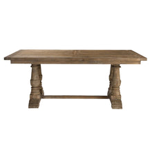 Load image into Gallery viewer, Expertly crafted from 100% reclaimed lumber, the Stratford Dining Table features a charming stony gray wash that accentuates its natural grain and distressed appearance. Due to its solid wood construction, it may develop small cracks and uneven surfaces over time, adding authenticity and character to the table.