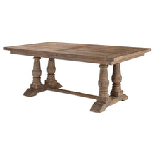 Load image into Gallery viewer, Expertly crafted from 100% reclaimed lumber, the Stratford Dining Table features a charming stony gray wash that accentuates its natural grain and distressed appearance. Due to its solid wood construction, it may develop small cracks and uneven surfaces over time, adding authenticity and character to the table.
