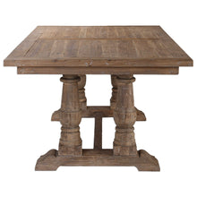 Load image into Gallery viewer, Expertly crafted from 100% reclaimed lumber, the Stratford Dining Table features a charming stony gray wash that accentuates its natural grain and distressed appearance. Due to its solid wood construction, it may develop small cracks and uneven surfaces over time, adding authenticity and character to the table.