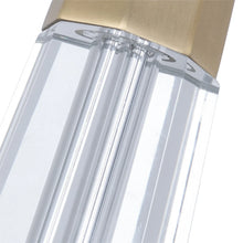 Load image into Gallery viewer, Our Monroe table lamp is a combination of simplicity and timelessness, featuring a clear crystal column paired with brushed brass accents. It's the perfect addition to any transitional, modern, or traditional interior. The faceted base and white linen circular drum shade create a balanced look, while the clear glass adds a touch of brightness and spaciousness to any room.
