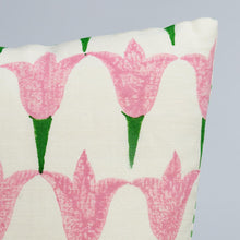 Load image into Gallery viewer, This Tulip Field Pillow showcases tulip designs on the front and irregular polka-dots on the back, completed with a knife-edge finish. The simplistic floral patterns are almost personified, radiating with bright colors and symbolizing hope and fresh starts. Made with a small-scale cotton fabric, this throw pillow is both uncomplicated and lively.