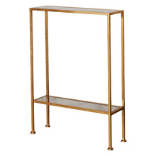 Load image into Gallery viewer, Expertly crafted and stylish, our rectangular accent table adds a touch of glamour to any room. Its elegant, two-tier iron frame is finished with luxurious gold leaf and complements the inset antique mirror top and shelf. A perfect option for compact spaces or as a companion to your sofa or loveseat.