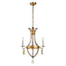 Load image into Gallery viewer, This exquisite petite chandelier features stunning hand-beaded details, candleabra bulbs, and an antique gold finish. With a dimmable light and graceful design, it is topped off with a regal touch, evocative of a crown. It's perfect for adding elegance to any room, with ornate hand-beaded accents and a shimmering antique gold finish. Enjoy the soft, adjustable lighting while appreciating the refined design.