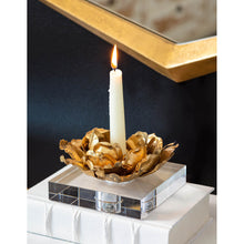 Load image into Gallery viewer, Gold accents add a modern touch to this exquisite art piece. Paired with a crystal base, the Adeline accessory exudes a dazzling aesthetic. For an extra touch of sophistication, simply insert a tapered candle into the center of the flower to bring light to your surroundings.
