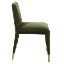 Load image into Gallery viewer, Armless side or dining chair in Moss Green velvet with slender brass-capped ferrules.
