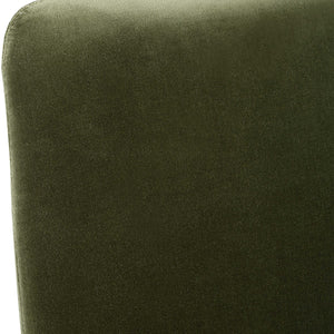 Close-up of fabric of Armless side or dining chair in Moss Green velvet with slender brass-capped ferrules.