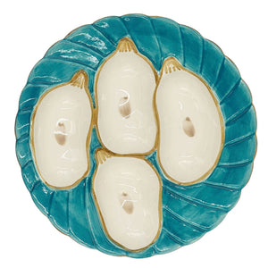 Oyster Plates in Aqua & Gold, Set of Two