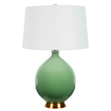 Load image into Gallery viewer, This handsome green ceramic table lamp conveys a colorful light-hearted charm paired with a traditional silhouette.
