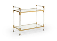 Load image into Gallery viewer, Featuring a sleek design, this bar cart boasts clear acrylic, clear tempered glass shelves, and polished brass finished iron edging. It is the perfect choice for all your essential entertaining needs.

