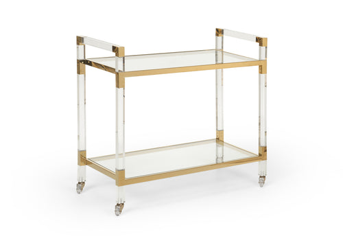 Featuring a sleek design, this bar cart boasts clear acrylic, clear tempered glass shelves, and polished brass finished iron edging. It is the perfect choice for all your essential entertaining needs.