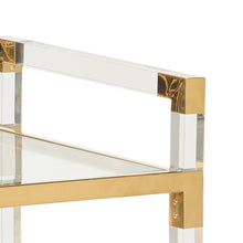 Load image into Gallery viewer, Featuring a sleek design, this bar cart boasts clear acrylic, clear tempered glass shelves, and polished brass finished iron edging. It is the perfect choice for all your essential entertaining needs.
