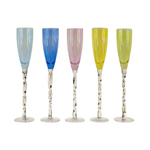 Load image into Gallery viewer, The elegant Adriana Champagne Glass features twisted stems and vibrant tonal colors, elevating any special occasion. Crafted with high quality glass, these glasses are a beautiful addition to any home bar or dining table. Experience the perfect blend of style and functionality with this stunning collection.
