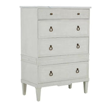 Load image into Gallery viewer, Discover the perfect storage solution with the Archie Tallboy Chest. This chic and elegant piece boasts a stunning cerused white finish that enhances the natural wood grain, and a durable marble tabletop with exquisite veining. The spacious drawers, each adorned with antique bronze-finished metal pulls, provide both functionality and a vintage touch to this timeless design.
