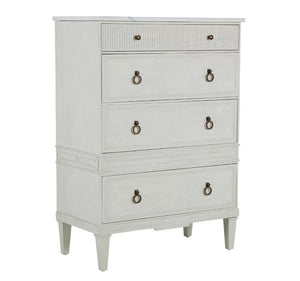 Discover the perfect storage solution with the Archie Tallboy Chest. This chic and elegant piece boasts a stunning cerused white finish that enhances the natural wood grain, and a durable marble tabletop with exquisite veining. The spacious drawers, each adorned with antique bronze-finished metal pulls, provide both functionality and a vintage touch to this timeless design.