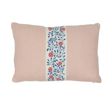 Load image into Gallery viewer, The Ashoka Rose Pillow showcases an intricate french knot design tape and a crisp, knife edge finish. The stunning, embroidered floral design is imposed on a performance linen body in a classic blush hue.
