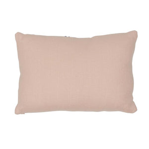 The Ashoka Rose Pillow showcases an intricate french knot design tape and a crisp, knife edge finish. The stunning, embroidered floral design is imposed on a performance linen body in a classic blush hue.