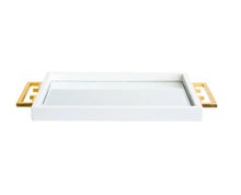 Load image into Gallery viewer, The Avana Tray features a high gloss lacquer finish in black or white, accompanied by a beveled mirror inset and gold leaf iron handles on the sides, making it both decorative and functional.
