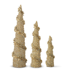 Load image into Gallery viewer, Add a touch of whimsy and sparkle to your holiday decor with these three glimmering gold trees, adorned with intricate beaded designs. With this trio, you&#39;ll have a festive focal point that will make your guests &quot;tree-mendously&quot; impressed!
