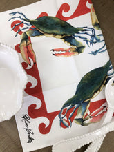 Load image into Gallery viewer, Grab your claw crackers and a bottle of Tony&#39;s, because this blue crab hand-screen printed tea towel by local artist Kathy Schorr will have you in the mood for some &quot;frutti di mare&quot;.
