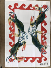 Load image into Gallery viewer, Grab your claw crackers and a bottle of Tony&#39;s, because this blue crab hand-screen printed tea towel by local artist Kathy Schorr will have you in the mood for some &quot;frutti di mare&quot;.
