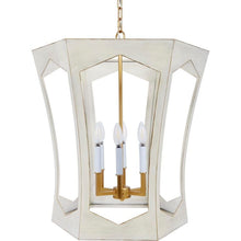 Load image into Gallery viewer, Metal lantern in brushed cream finish with golden accents.
