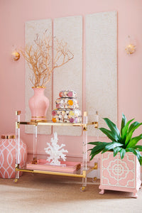 Featuring a sleek design, this bar cart boasts clear acrylic, clear tempered glass shelves, and polished brass finished iron edging. It is the perfect choice for all your essential entertaining needs.