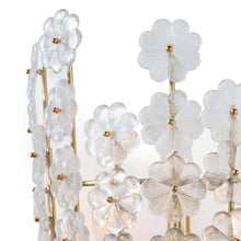 Load image into Gallery viewer, Crafted with precision and delicate attention to detail, the cast glass flowers on the Charlotte Sconce exude a stunning beauty that is truly breathtaking. Its elegant natural brass design makes it the perfect addition to any entryway, foyer, or dining room, adding a touch of feminine sophistication to any space.
