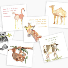 Load image into Gallery viewer, Introducing our Children&#39;s Scripture Cards, now with updated artwork by Anne Neilson featuring whimsical watercolor animals. This set includes 26 precious memory verses to begin your children&#39;s faith journey. Our hope is that by memorizing God&#39;s word, your children will find strength in their pursuit of faith, protection, peace, hope, and joy.
